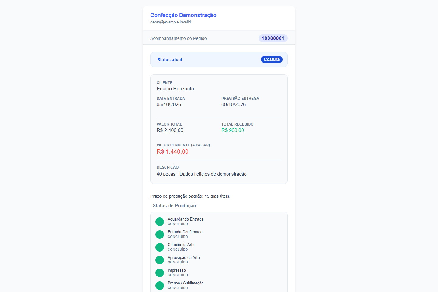 Tela real do ConfecPro para o tutorial Compartilhar o andamento com o cliente
